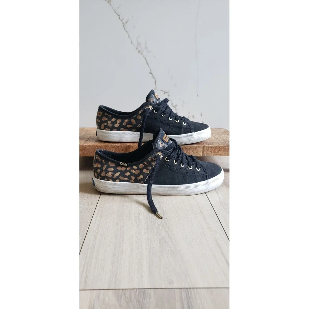Keds Kickstart Sneakers Womens 7.5 Black Leopard‎ Print Low Top Lace Up Gold